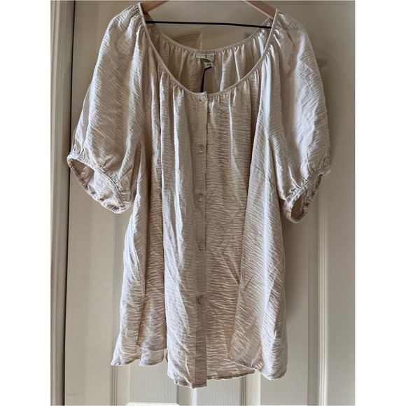 Ava & Viv Tops - Ava&Viv Light Beige Textured Button Up Peasant Blouse Boho Cottagecore Coastal